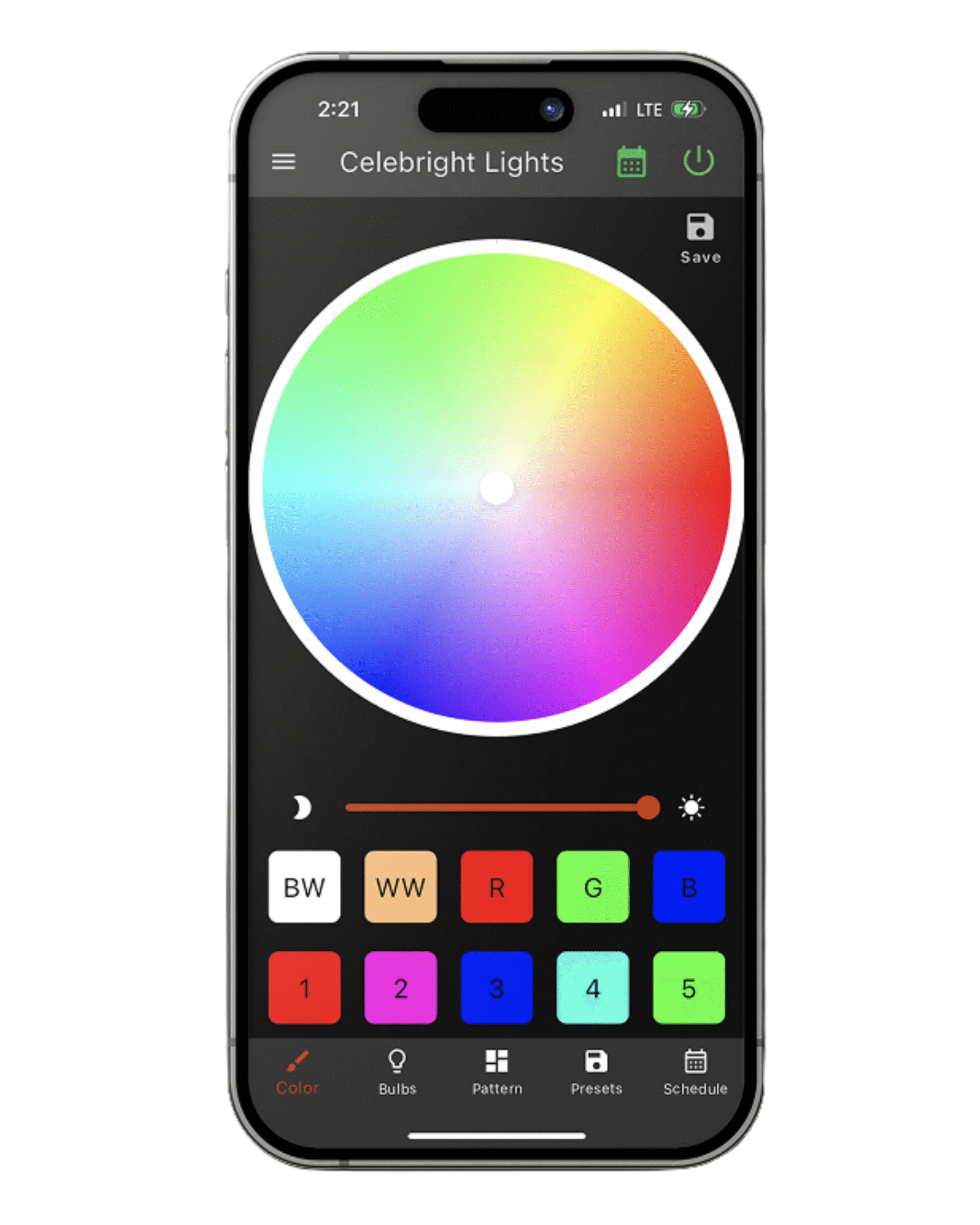 The permanent outdoor lighting app open on a phone, showing the color wheel and saved colors
