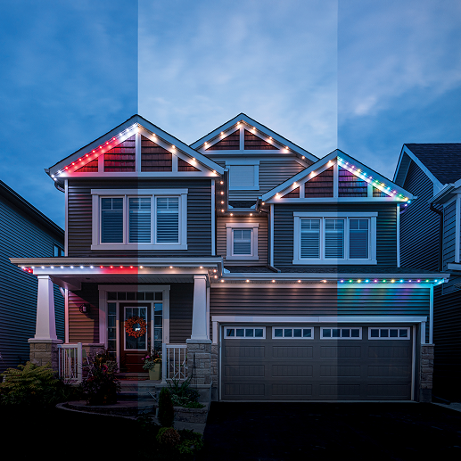 The same home with permanent outdoor lighting shown in daylight, at dusk, and at night