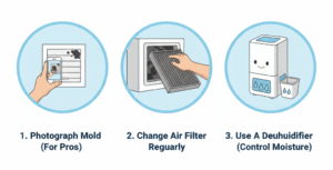 homeowner photographing mold, changing filter, running a dehumidifier 
